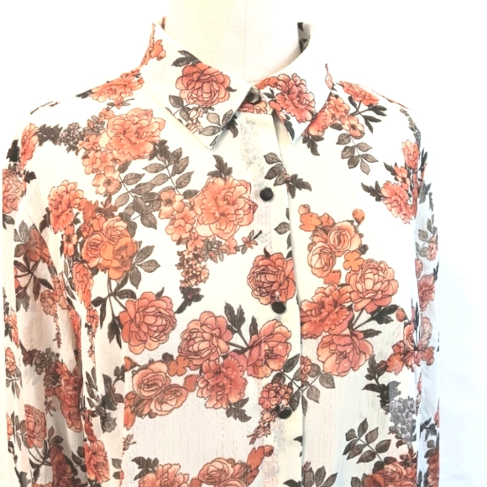 Earthy sheer floral button-down blouse. XL. A New Day